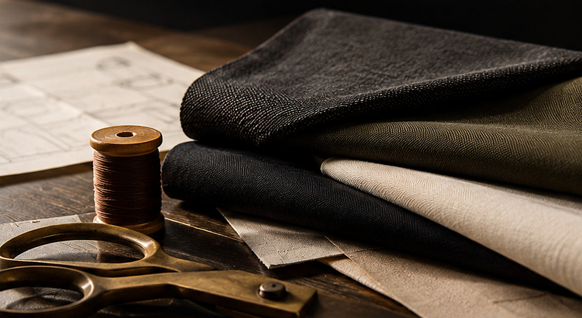 Folded charcoal, olive and ivory fabrics with brass tailoring scissors and thread, LA VESTRA Material Atelier